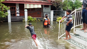 Anak-anak Asyik Berenang di Tengah Banjir, Waspada! Bisa Tenggelam
