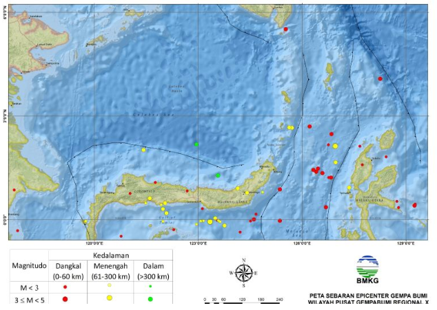 Sebaran gempa bumi yang melanda wilayah Sulawesi Utara dan sekitarnya pada periode 29 Maret hingga 4 April 2024. ANTARA/HO-Stasiun Geofisika Manado.