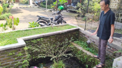 Hadi Nurtjahjo menunjukan kolam retensi yang dikamuflase sebagai kolam hiasan di rumahnya di Bandung, yang memiliki konsep Rain Water Harvesting yang mengolah air hujan, dan membuat huniannya nol limpasan (zero run-off) air hujan. (ANTARA/Ricky Prayoga)