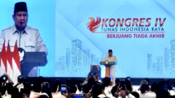Presiden Prabowo Subianto, yang juga menjabat Ketua Umum DPP Partai Gerindra, berpidato dalam Kongres IV PP Tidar di Jakarta, Sabtu (17/5/2025). ANTARA/Bagus Ahmad Rizaldi.